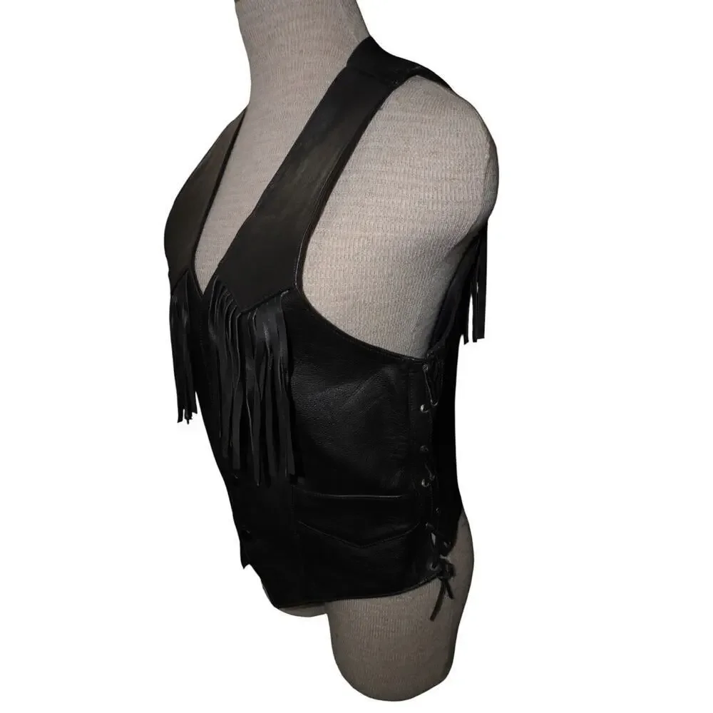 Vintage Black Leather Fringe Biker Vest Men’s M/L — Western Motorcycle Side Lace
